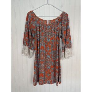 Yahada BOHO TUNIC Blouse Shirt Top Small Orange Teal Crochet LACE 3/4 Sleeve